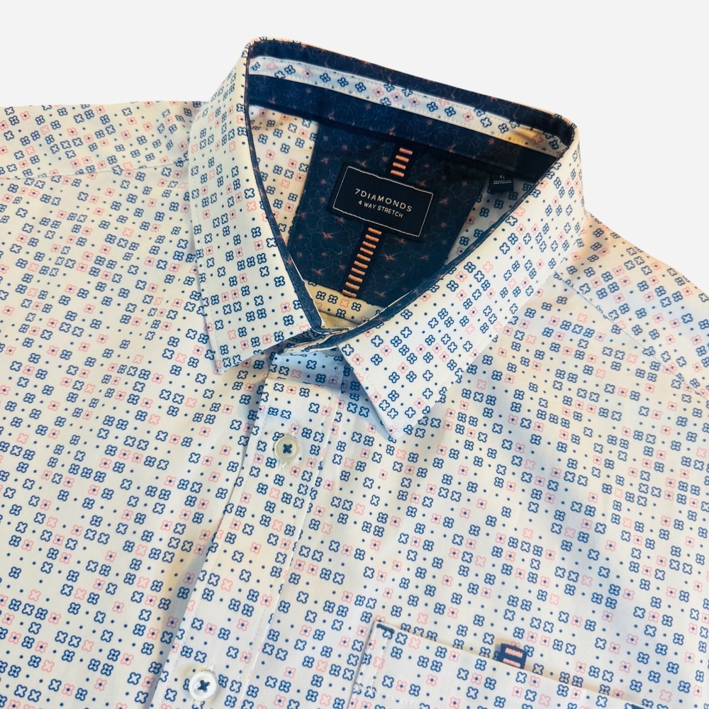 7 Diamonds Fancy Like 4-Way Stretch Short Sleeve Shirt Mens XL White Geometric